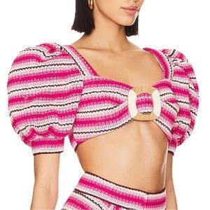 PatBO striped crochet puff sleeve top